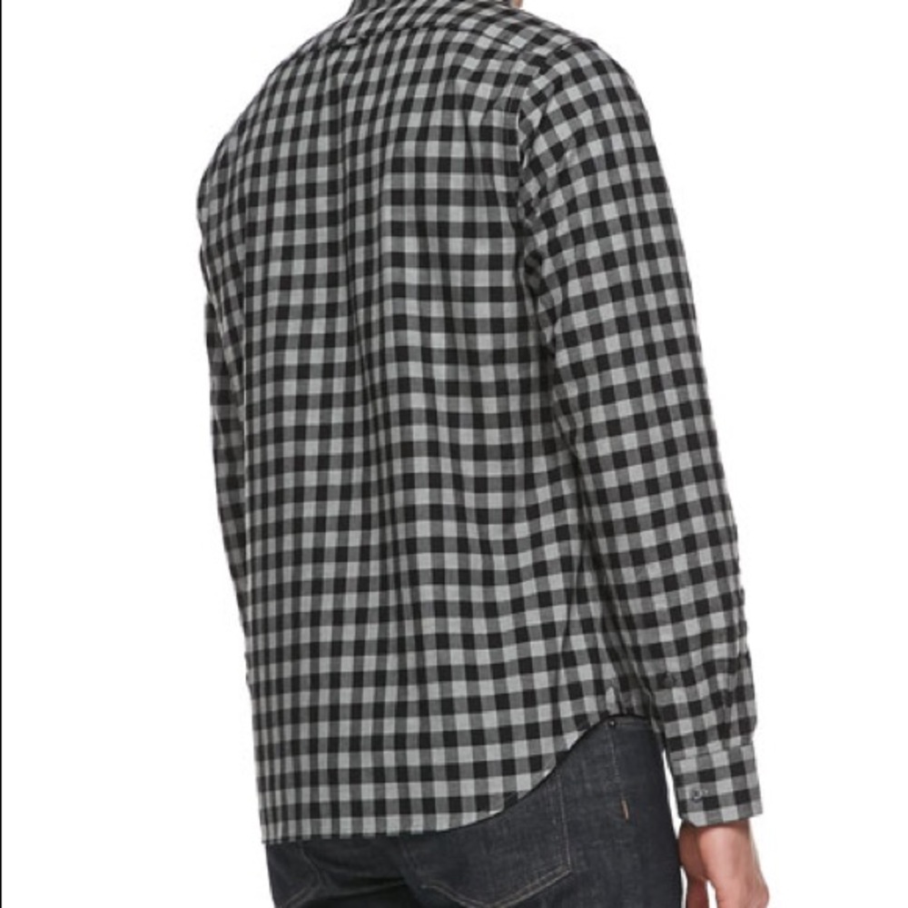 navy blue and gray plaid button up